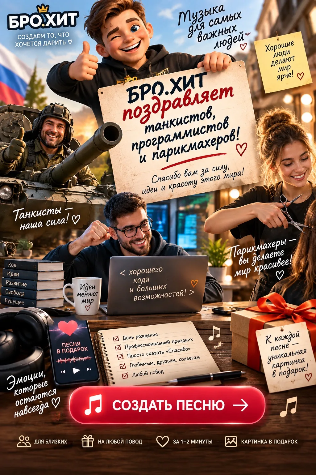 ❤️ БРО.ХИТ поздравляет танкистов, программистов и парикмахеров — время подарить песню о...