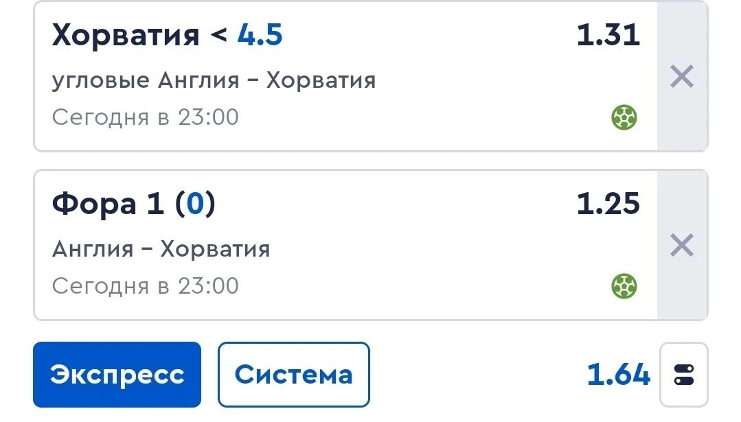 Приглянулся такой комбо вариант на матч Англия - Хорватия