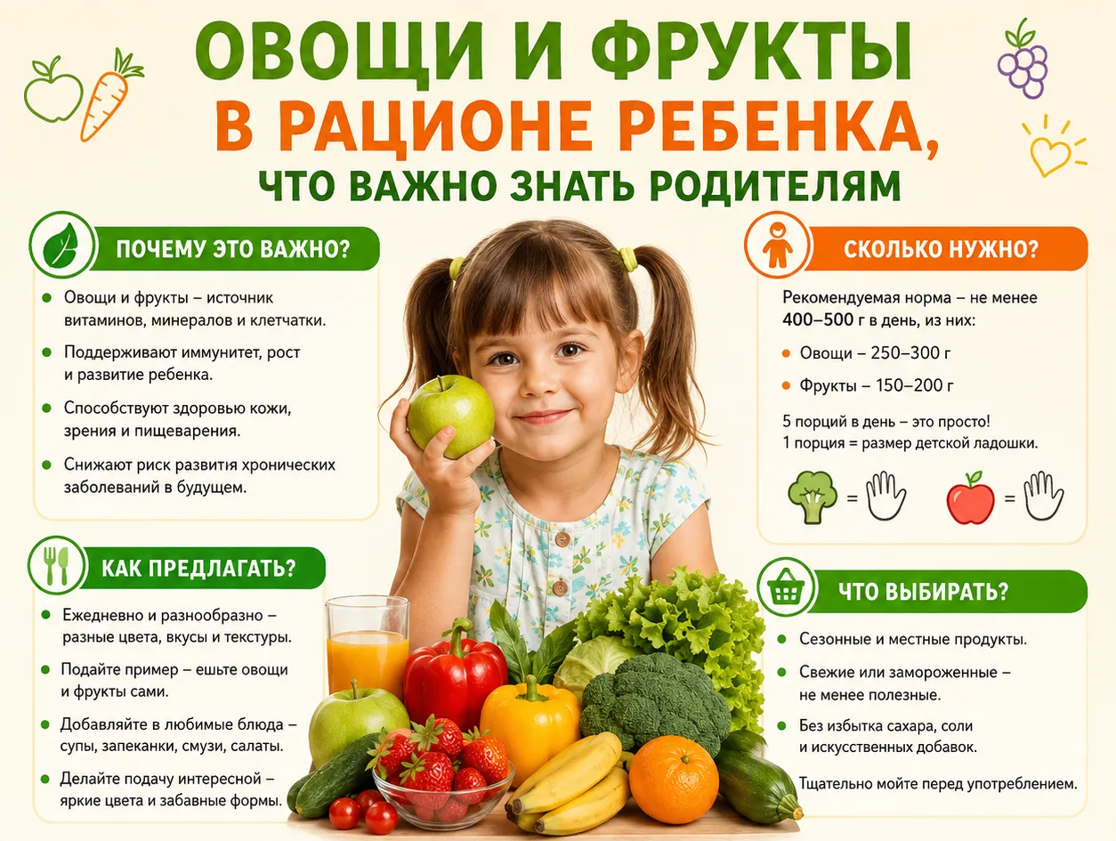 Фрукты и овощи в рационе ребенка: что важно знать родителям