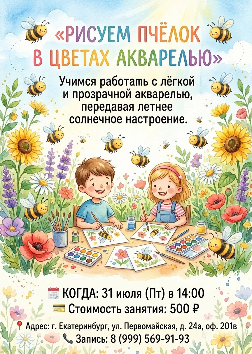 🎨 Детские занятия «Рисуем пчёлок в цветах акварелью»! 🐝