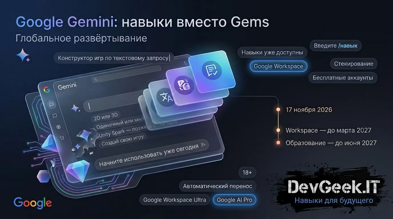 **Google закапывает Gems: в Gemini появились «навыки»**