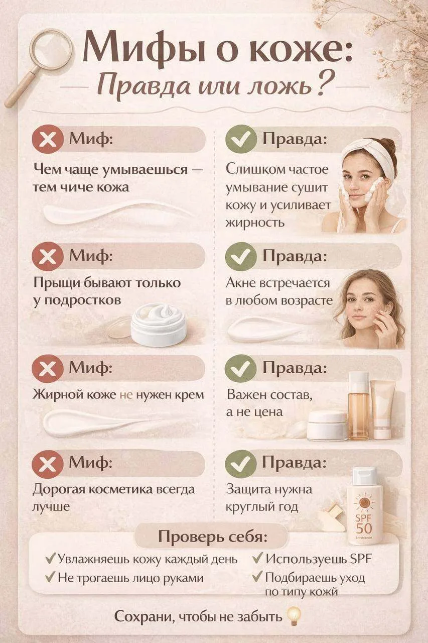 ✨ Мифы о коже
 
❌ Жирной коже не нужен крем.
✔️ Увлажнение необходимо каждому типу кожи.
 
❌ SPF — т