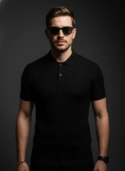 A professional studio portrait of a muscular man standing confidently in a dramatic low...