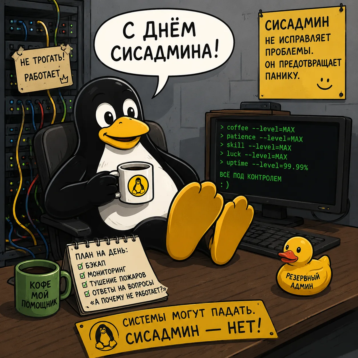 🎉 С Днём системного администратора!

Сегодня праздник тех, благодаря кому работают серверы, не пада