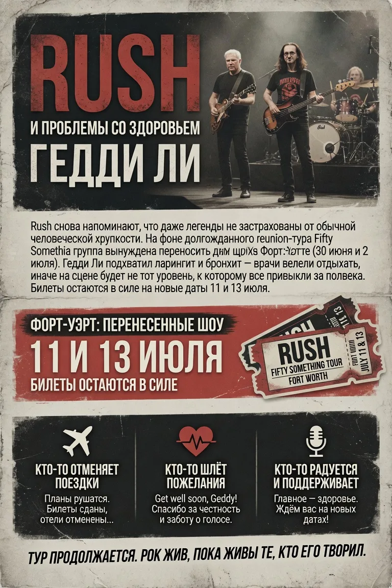 Пауза в туре Rush: бронхит Гедди Ли сдвигает даты концертов

Тур Fifty Something берет вынужденный п