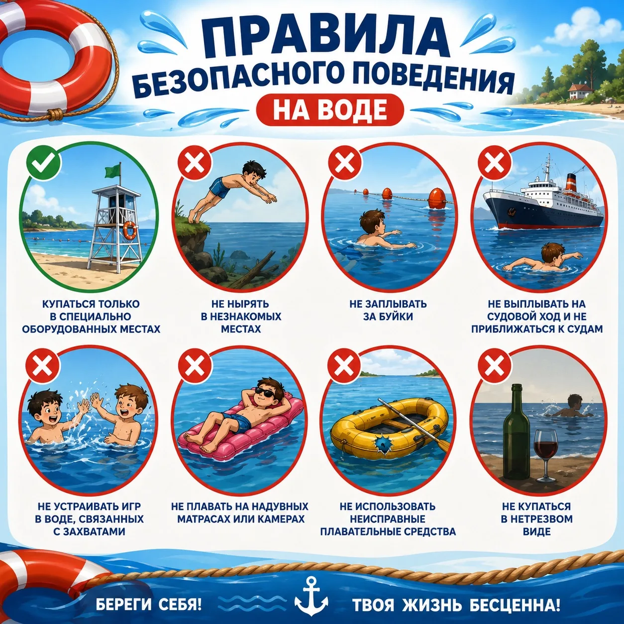 Правила безопасного поведения на воде:

•купаться только в специально оборудованных местах;
•не ныря