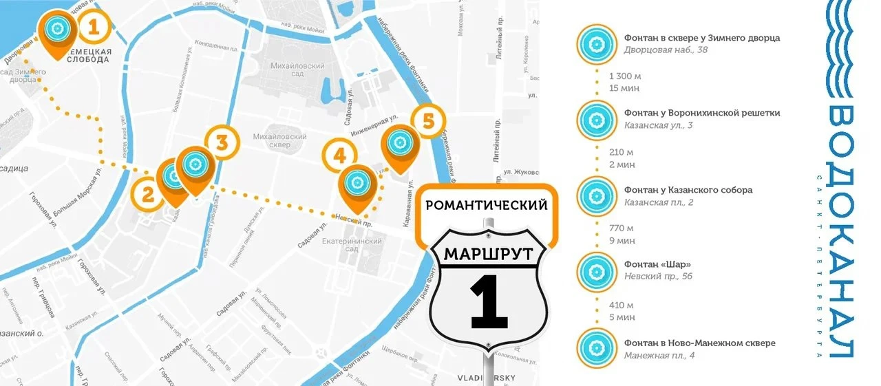 Фонтанные маршруты для прогулок по исторической части Санкт-Петербурга.