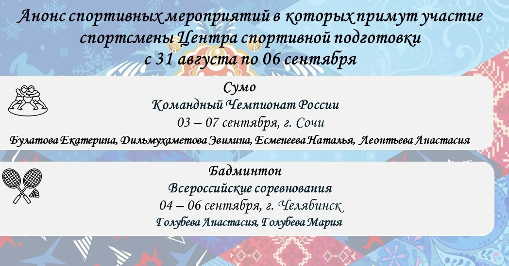 Анонс спортивных мероприятий, в которых примут участие спортсмены Центра спортивной под...