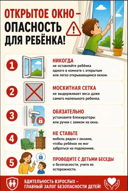 Открытое окно — источник опасности для ребенка!

Напоминаем основные правила безопасности, которые п