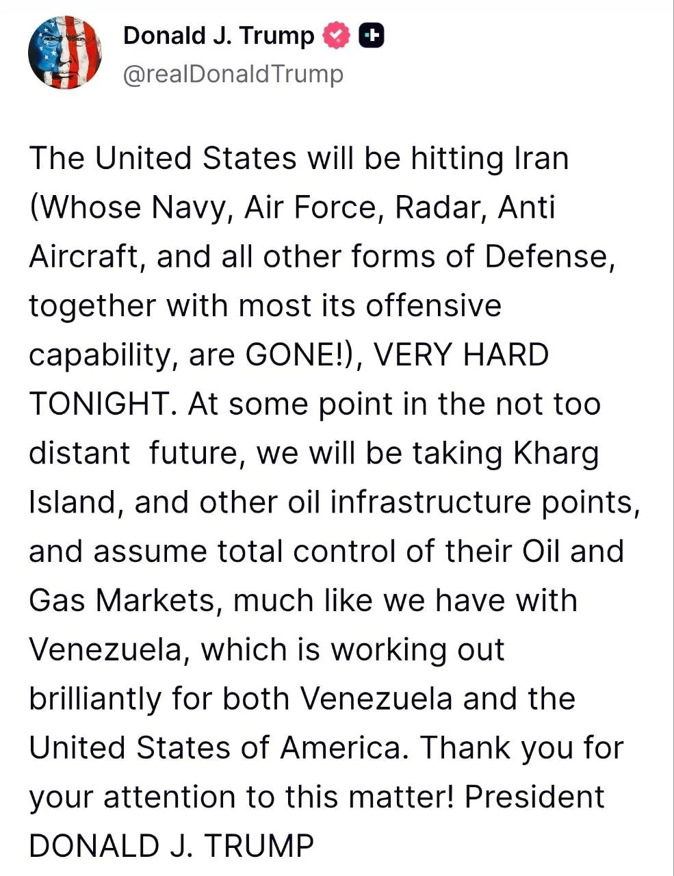 ‼️Трамп объявил, что сегодня ночью они нанесут удар по Ирану снова.

Также заявил, что США хотят уст