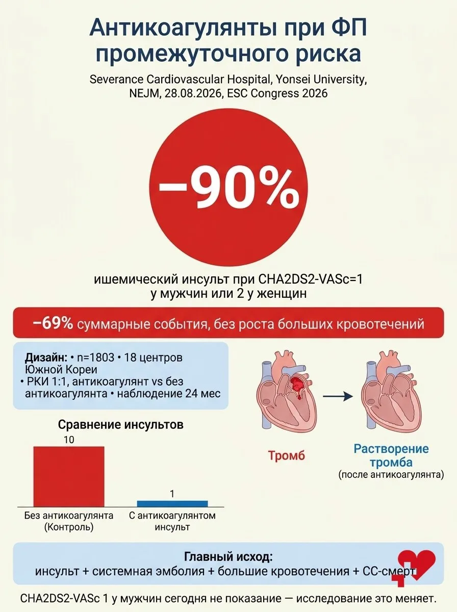 −90% инсульта при ФП промежуточного риска — без роста кровотечений.