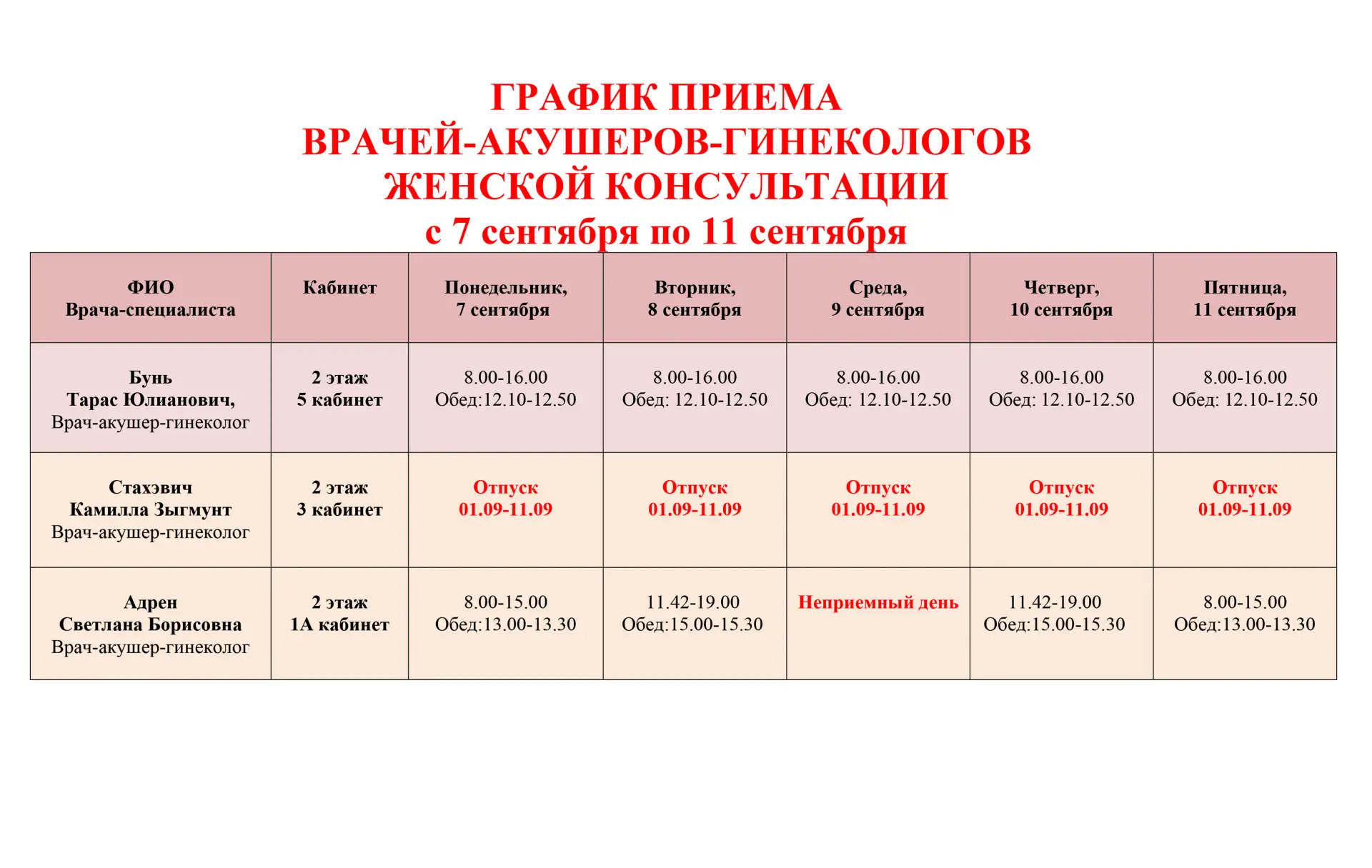 График приема врачей акушеров-гинекологов женской консультации Можайской больницы  с 7 ...