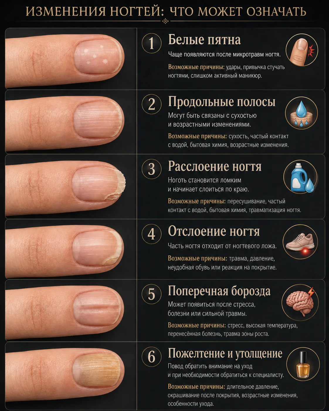 Ногти часто “рассказывают” о том, как на них влияют уход, нагрузка, травмы, покрытие и привычки.

На