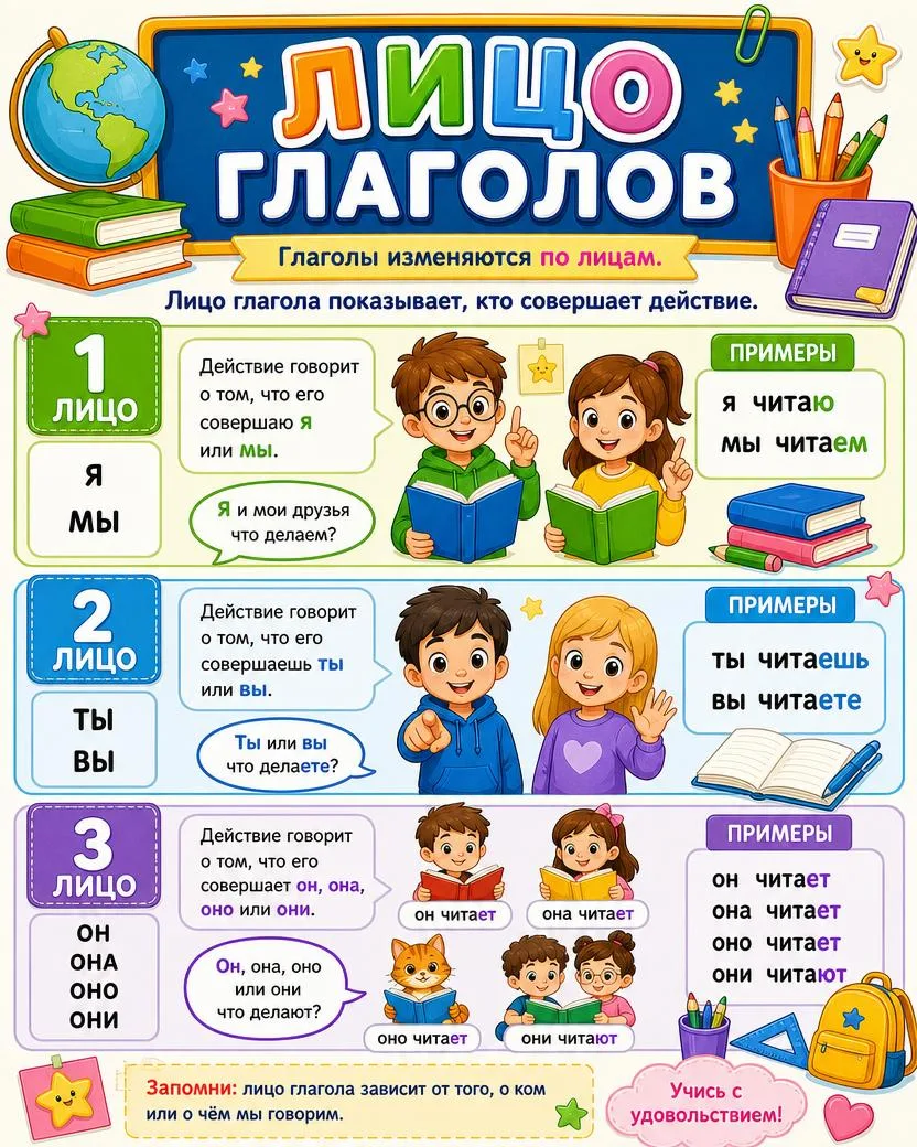 Памятка по русскому языку: «Лицо глаголов» 📚

🟢 1 лицо — я, мы: я читаю, мы читаем

🔵 2 лицо — ты