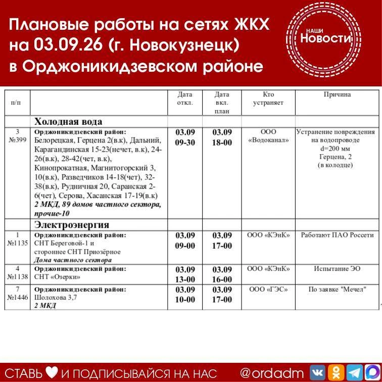 🛑Плановые работы на сетях ЖКХ на 03.09.26