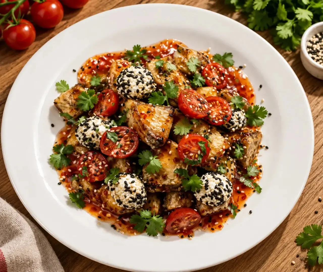 «🔥 Тёплый салат „Лазат“ — взрыв вкусов в каждой ложке! Хрустящие баклажаны, сочные том...
