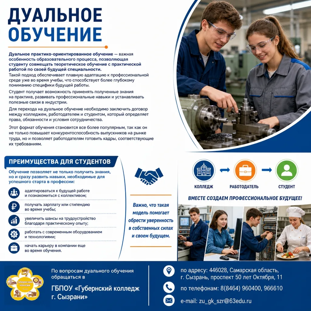 По вопросам дуального обучения обращаться в ГБПОУ «Губернский колледж г. Сызрани»: 
 
📍 446028, Сам
