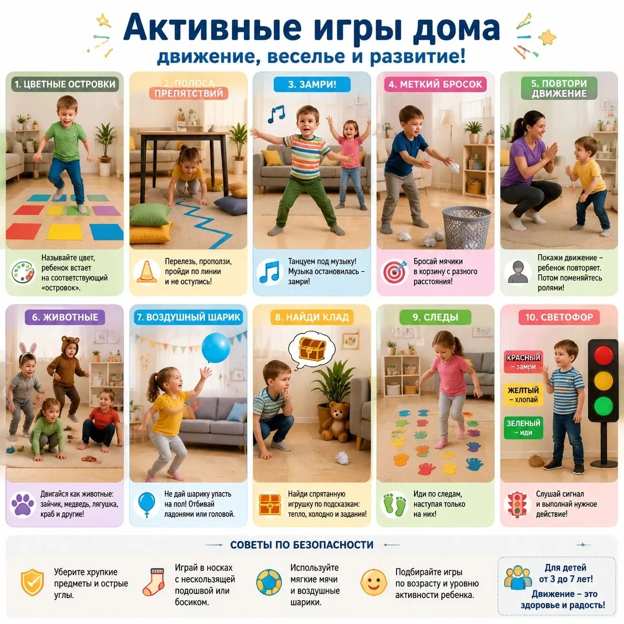 Подвижные игры 

✔️«Цветные островки»
Разложите на полу листы бумаги или подушки.
Называйте цвет, и 