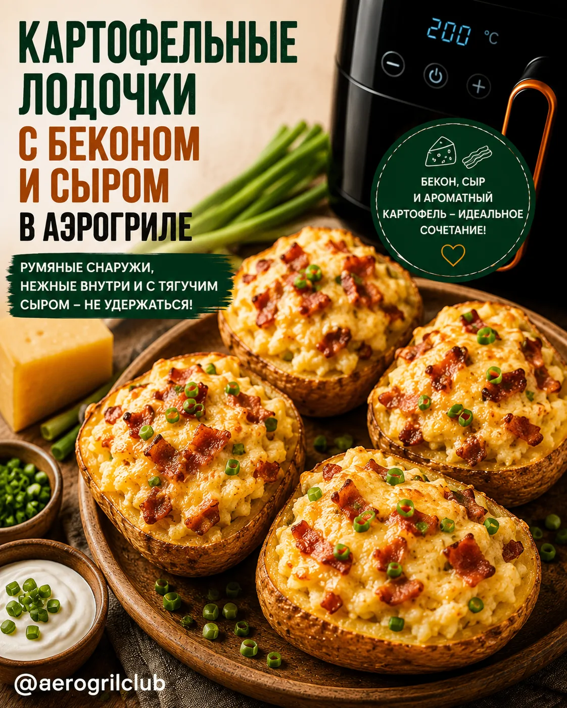 🥔 Картофельные лодочки с беконом и сыром в аэрогриле