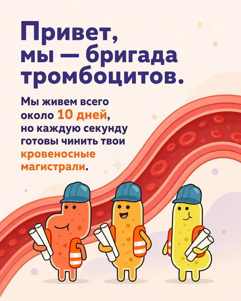 🩸 Кто такие тромбоциты и как они ежедневно спасают нашу жизнь от кровопотери?