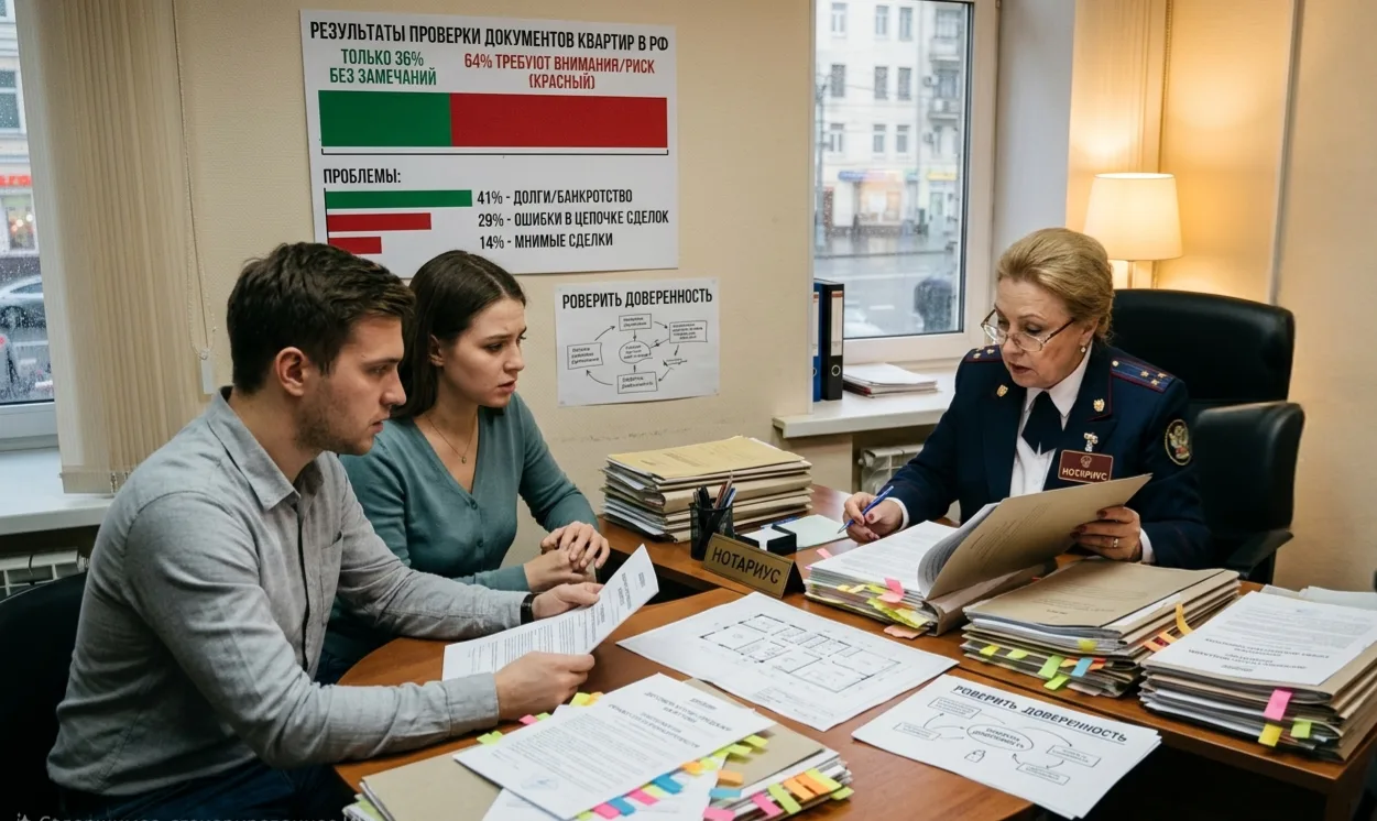 Только 36% квартир, выставленных на продажу в России, проходят проверку документов без замечаний. 

