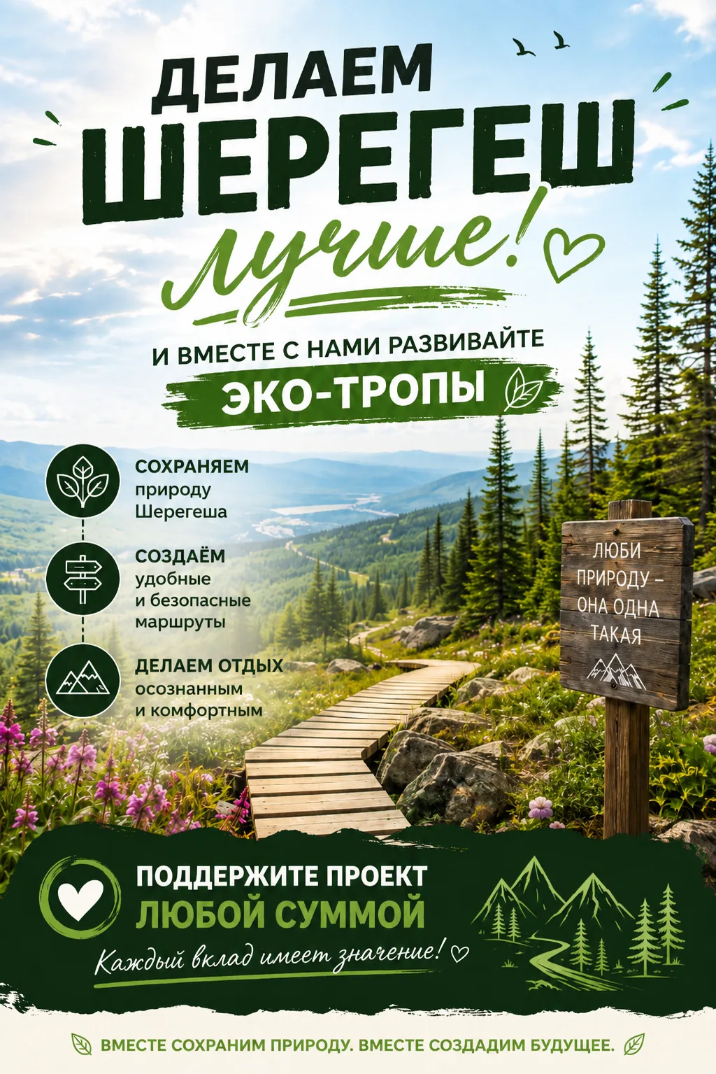 🌿 Сделаем Шерегеш лучше вместе!

Шерегеш — это не только горы, снег и красивые виды. Это место, кот