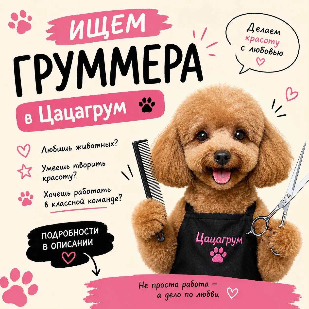 В новый салон «ЦАЦАГРУМ» требуется:

Мастер-грумер

24 августа мы открываем новый салон и ищем масте