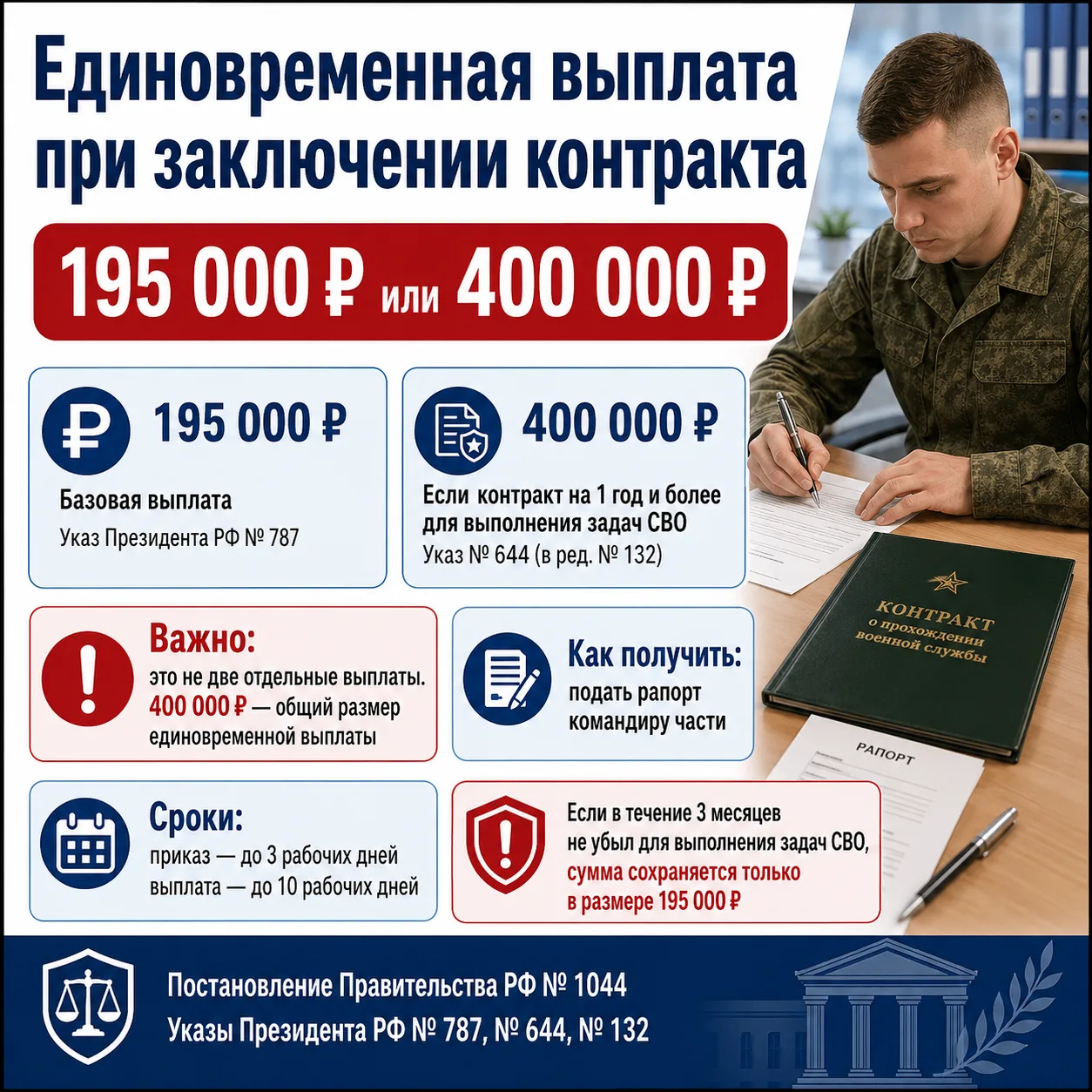 💳 Единовременная выплата при заключении контракта: 195 000 или 400 000 рублей
Гражданам РФ, которые