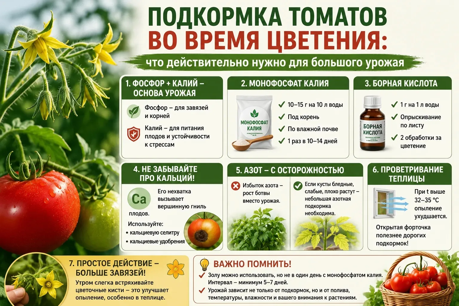 ПОДКОРМКА ТОМАТОВ ВО ВРЕМЯ ЦВЕТЕНИЯ: КАКИЕ ЭЛЕМЕНТЫ ДЕЙСТВИТЕЛЬНО НУЖНЫ ДЛЯ БОЛЬШОГО УРОЖАЯ
Да, моно