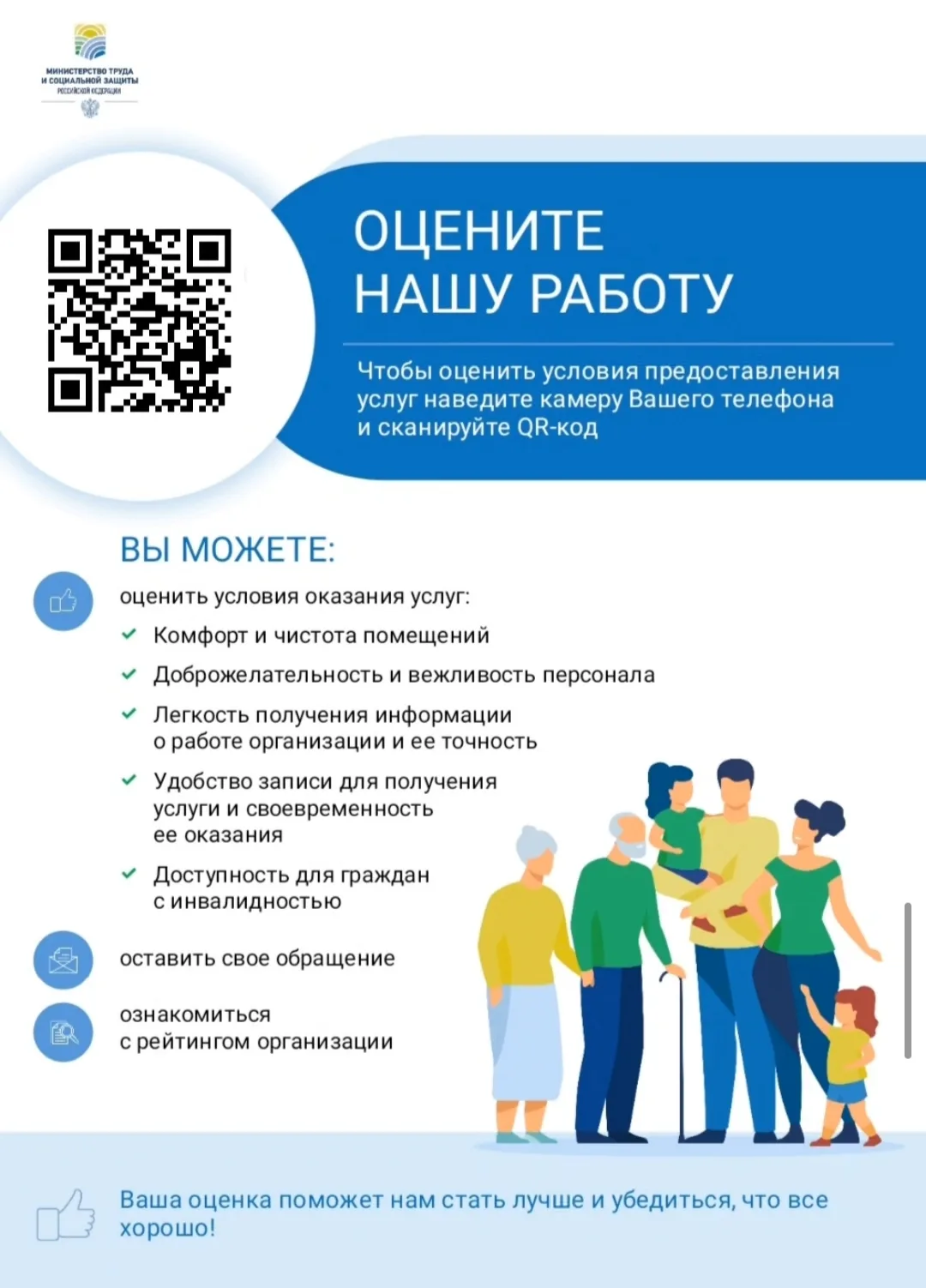 Уважаемые посетители!
 
Просим вас оценить работу нашей организации, отсканировав QR-код.
Перейдя по