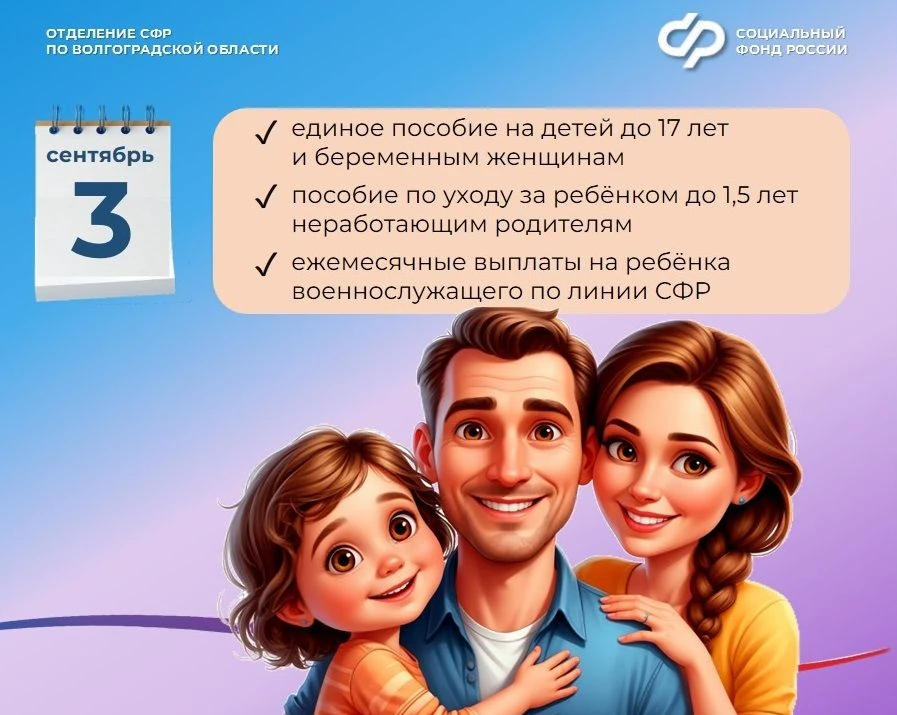 График выплаты пособий и пенсий в сентябре от Отделения СФР по Волгоградской области - ...