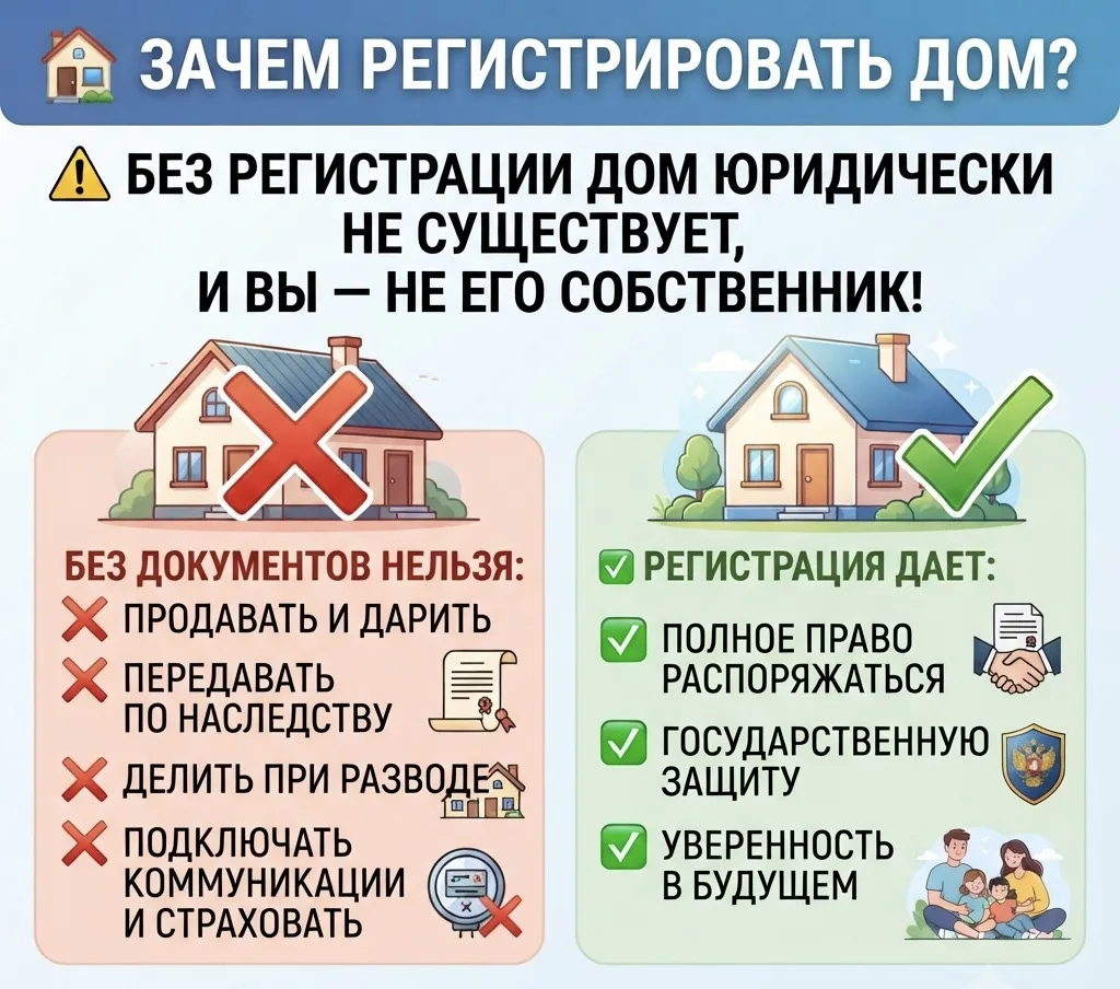 Зачем регистрировать дом?

Без регистрации дом юридически не существует, и вы — не его собственник!

