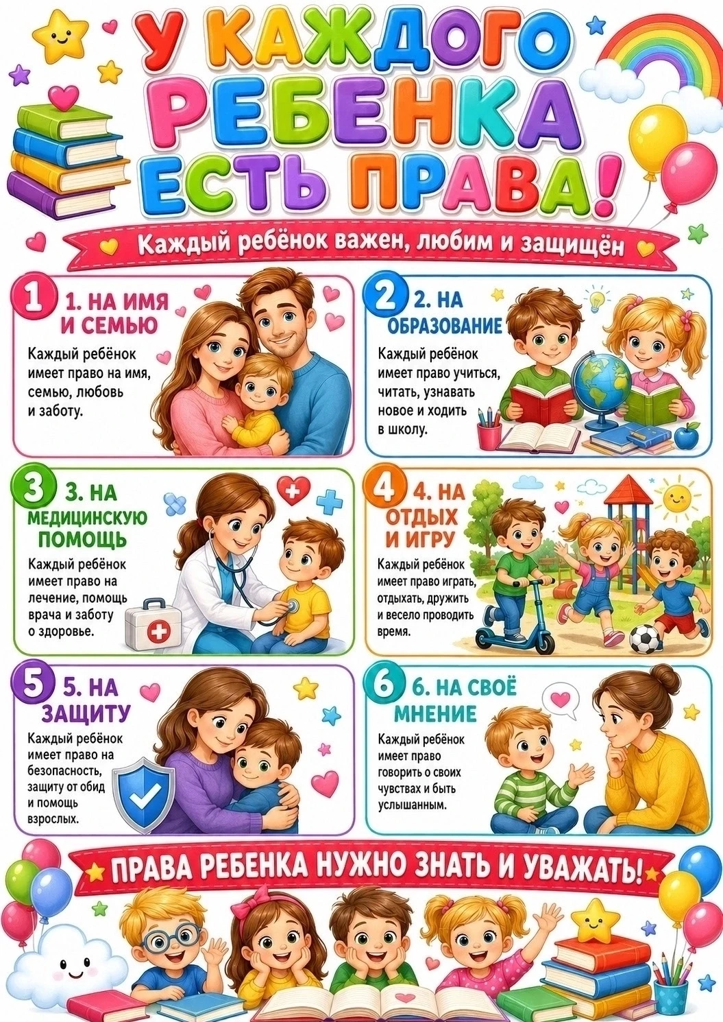 Права ребёнка — основа его гармоничного развития и чувства безопасности. На плакате наг...