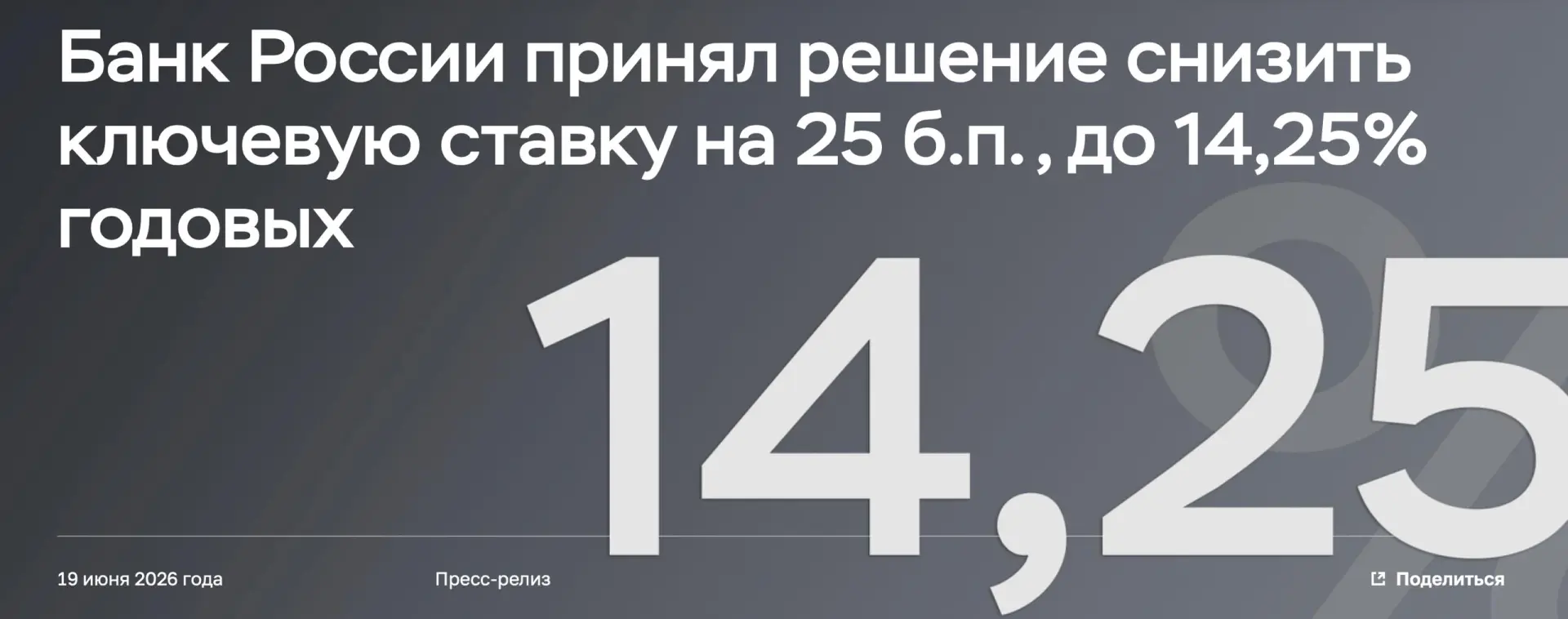 Банк России снизил ключевую ставку до 14,25%

19.06 произошло очередное снижение ставки. 

Что это з