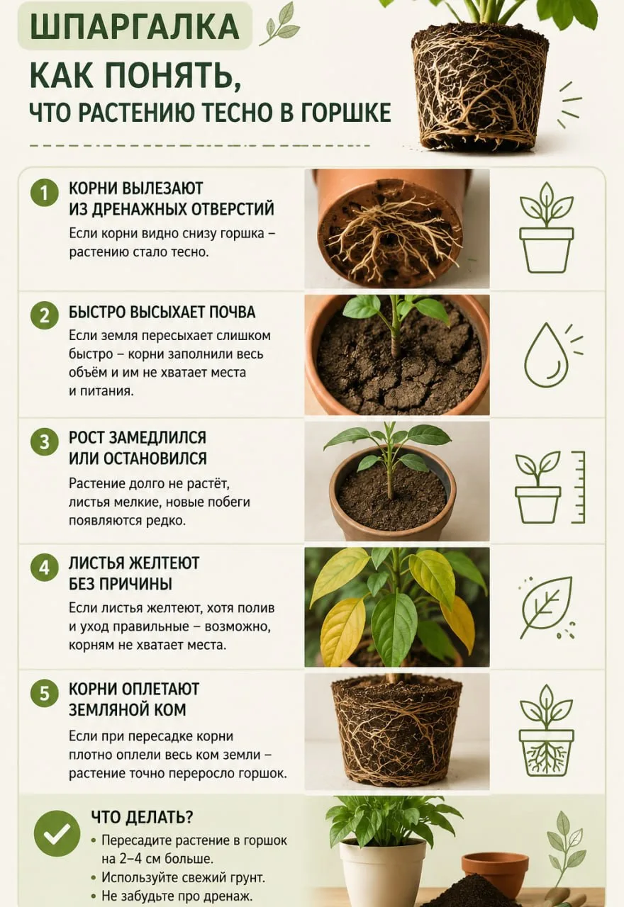 🌱 Как понять, что растению тесно в горшке 

Когда корням становится мало места, растение начинает х