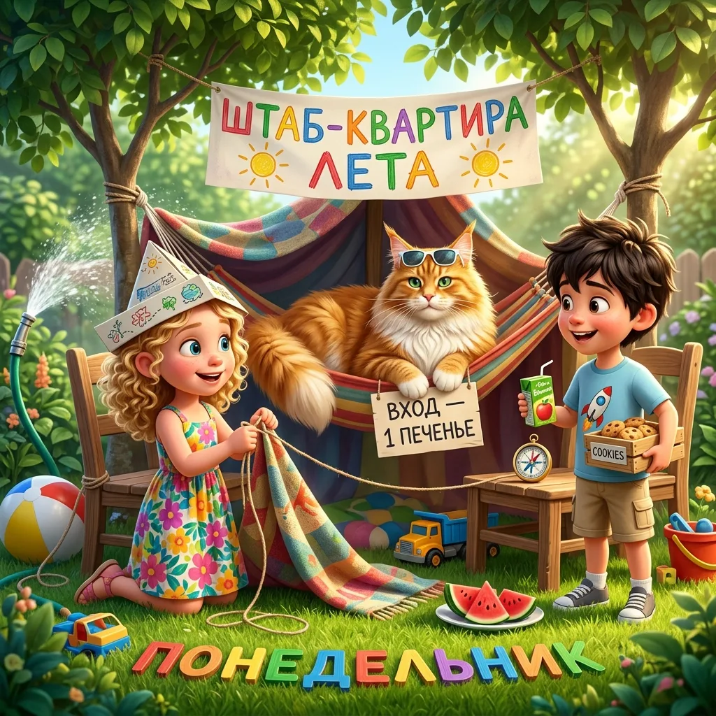 Понедельник — это когда ты посреди каникул строишь во дворе штаб-квартиру лета, а пушистый комендант