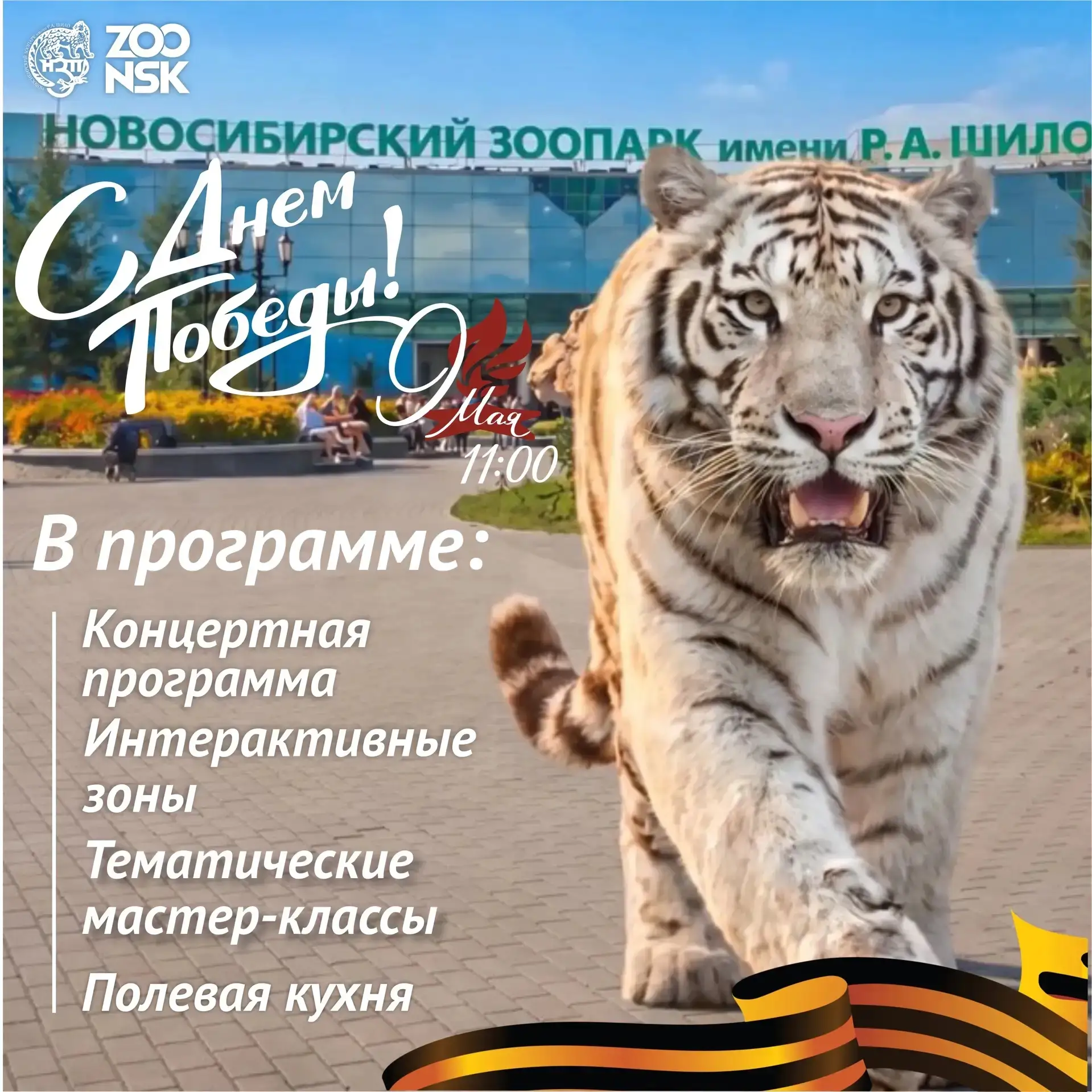Афиша дня победы Новосибирском зоопарке!  📅 Дата: 9 мая 2026 года 🕒 Время: с 11:00 до 17:00  Вас ждё