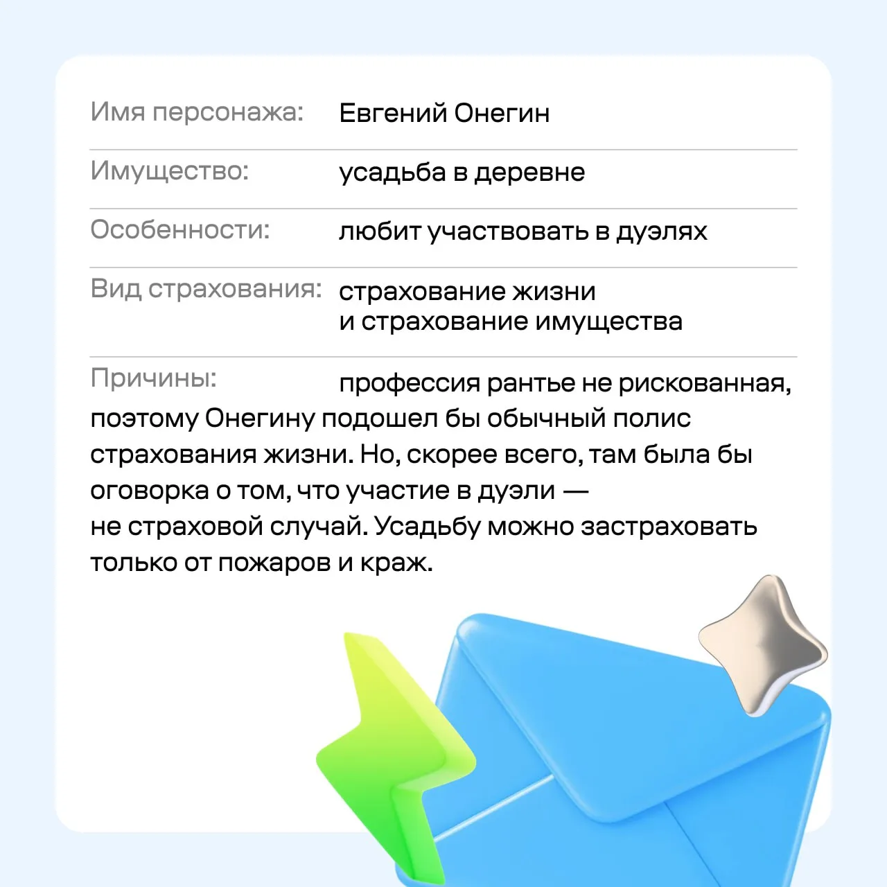 Я к вам пишу — судьбы ли воля Велит о будущем мечтать: Чтоб не страшила жизни доля, Не худо б риски 