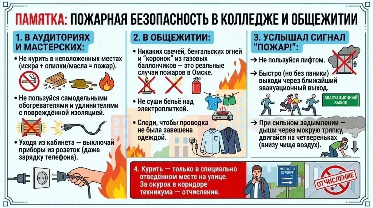 🔥 Огонь — не игрушка: что нельзя делать в техникуме и общежитии (чтобы не было пожара и штрафа)

Пр