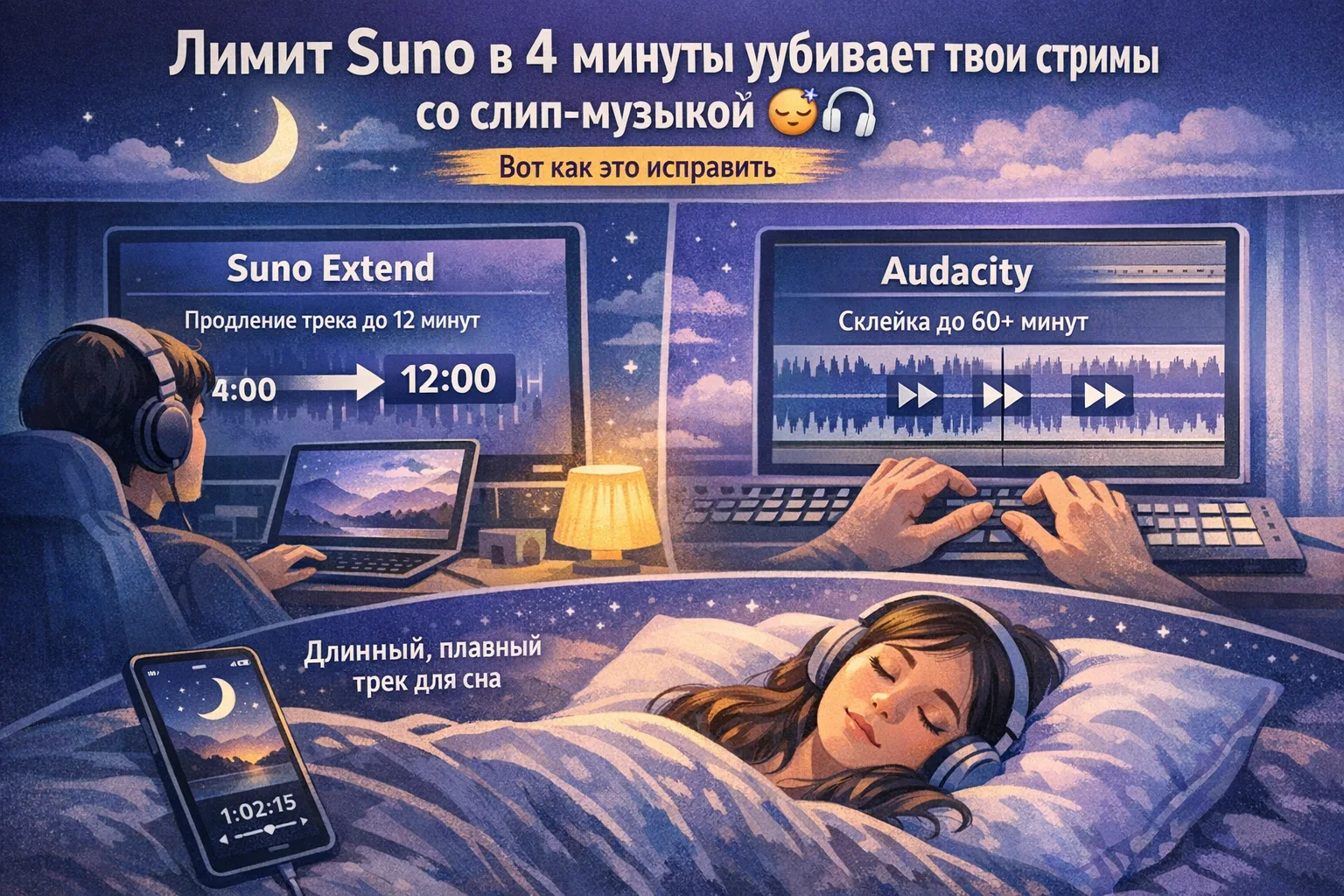 Лимит Suno в 4 минуты убивает твои стримы со слип-музыкой 😴🎧 Вот как это исправить

Все треки для 