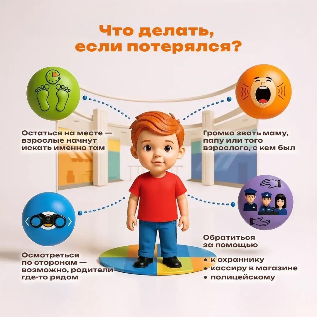 Даже в знакомом месте ребенок может потерять из виду взрослых. Главное, чтобы он знал, как себя вест