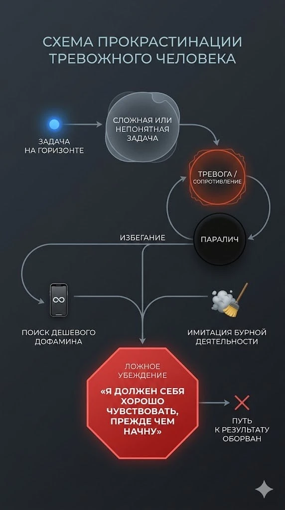 Схема прокрастинации тревожного человека
Посмотрите на картинку. Это  архитектура вашего застоя.

По