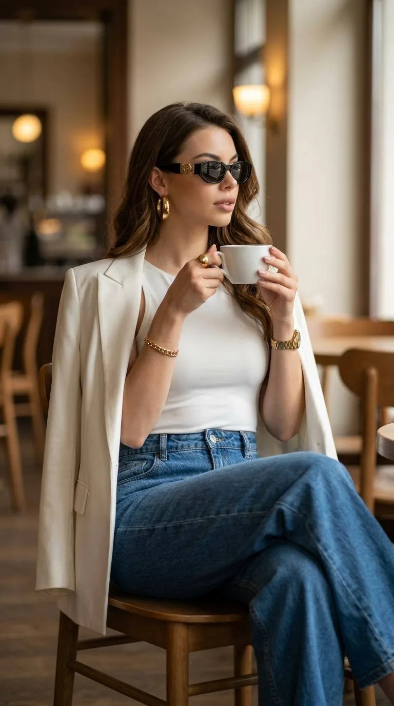 Чистый глам 🖤  Ultra-realistic editorial photography capturing a sophisticated café setting. The bac