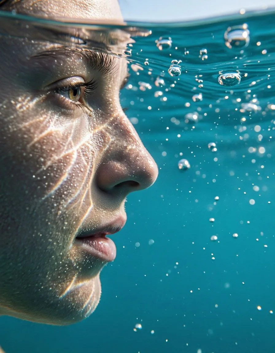 Hyper-realistic, ultra-detailed macro portrait capturing only the left half of a human face partiall