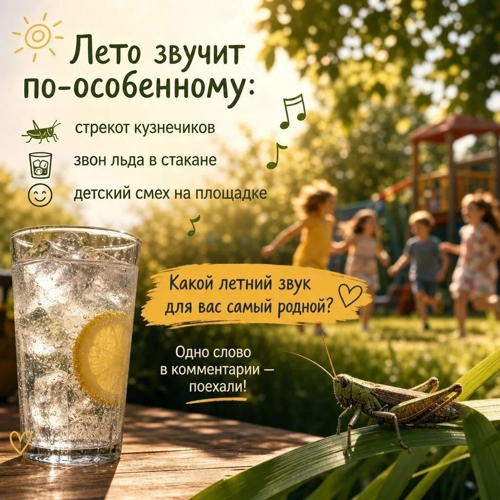 🍃 Лето звучит по-особенному: стрекот кузнечиков, звон льда в стакане, детский смех на площадке

Как