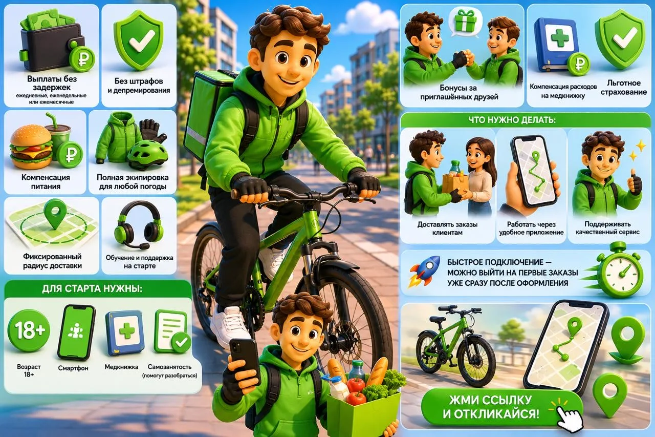 🚴 ВЕЛОКУРЬЕР К ПАРТНЁРУ ВКУСВИЛЛ ⏱ Гибкий график 📍 Район на выбор ✅ Без опыта  ---  🔥 ПОДРАБОТКА ИЛИ