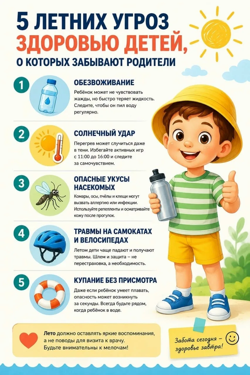 ☀ 5 летних угроз здоровью детей, о которых забывают родители
Лето — это каникулы, мороженое, велосип