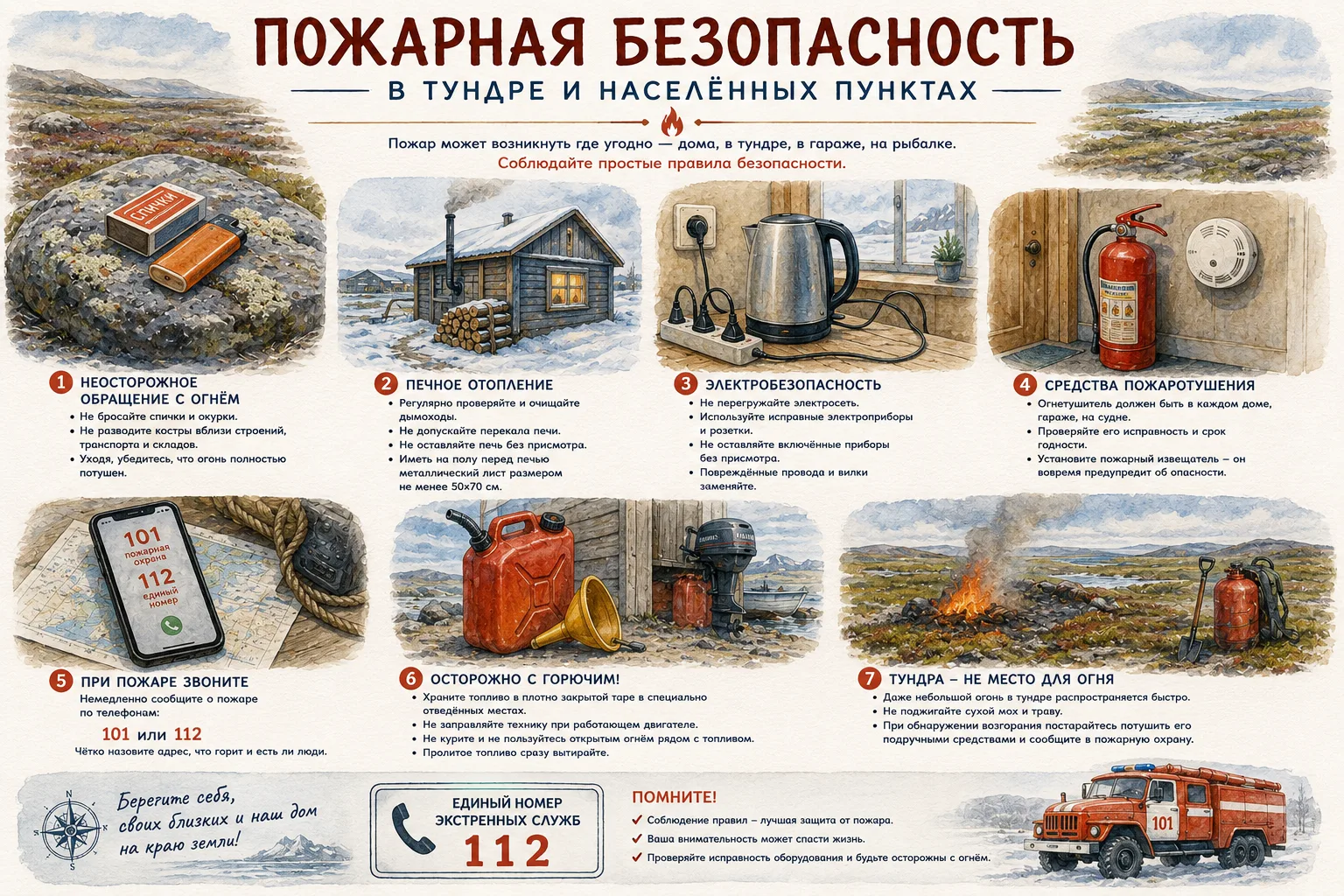 Пожар может возникнуть где угодно - дома, в тундре, в гараже, на рыбалке. Соблюдайте простые правила