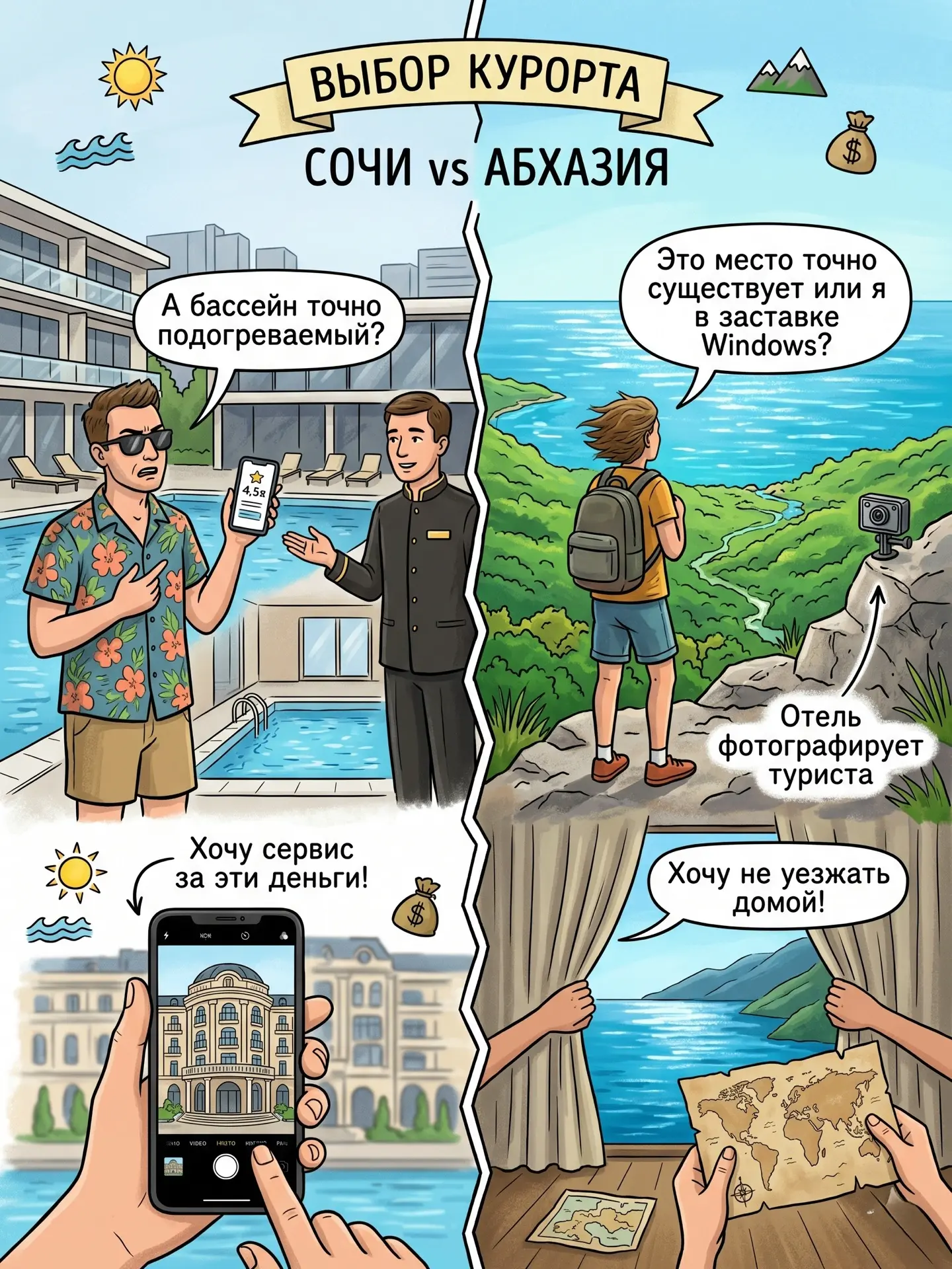 Так все-таки, Абхазия или Сочи?? 
 
В Сочи турист спрашивает:
- А бассейн подогреваемый? 
В Абхазии 