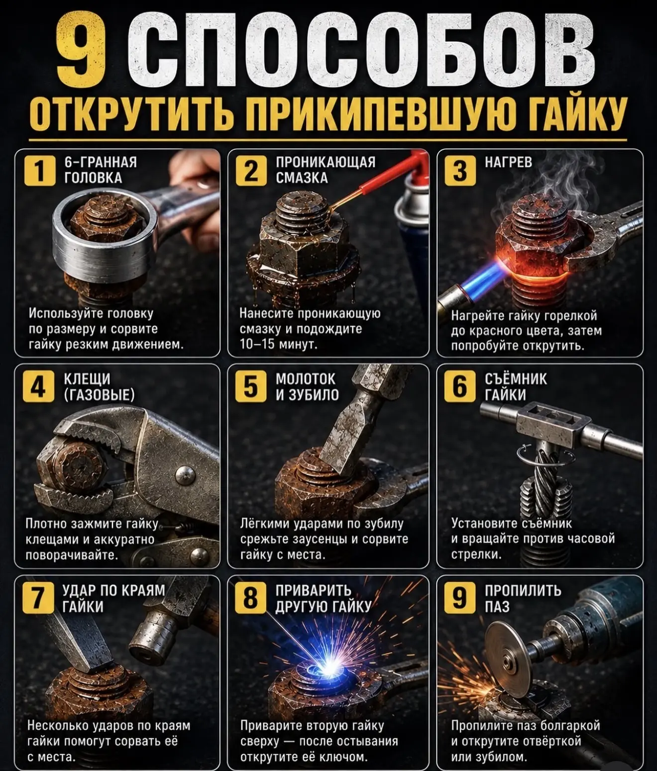 9 способов открутить прикипевшую гайку...